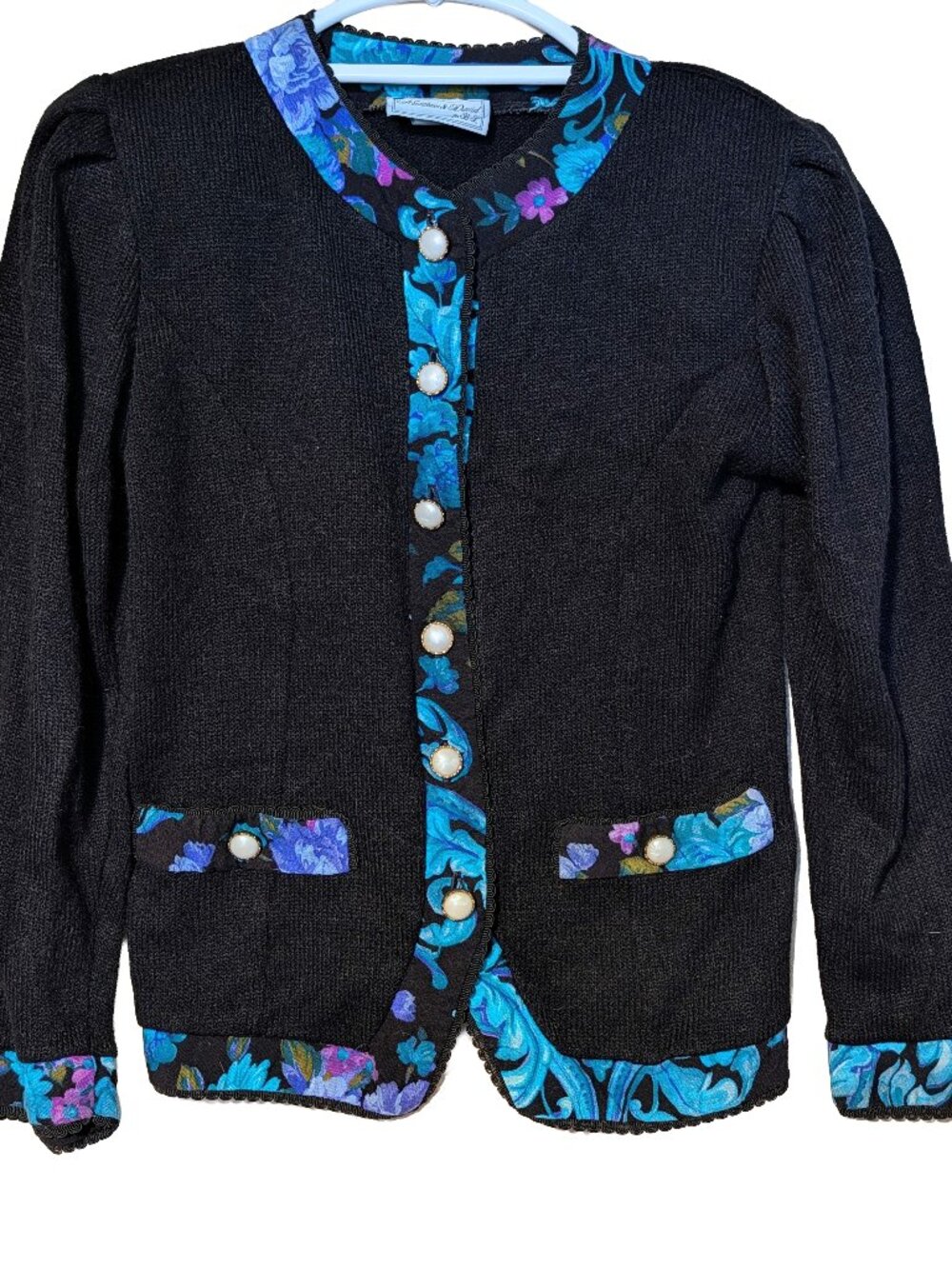 Vintage 80s Women's Cardigan (Size 8) Floral Trim Matthew & David Knit Jacket
